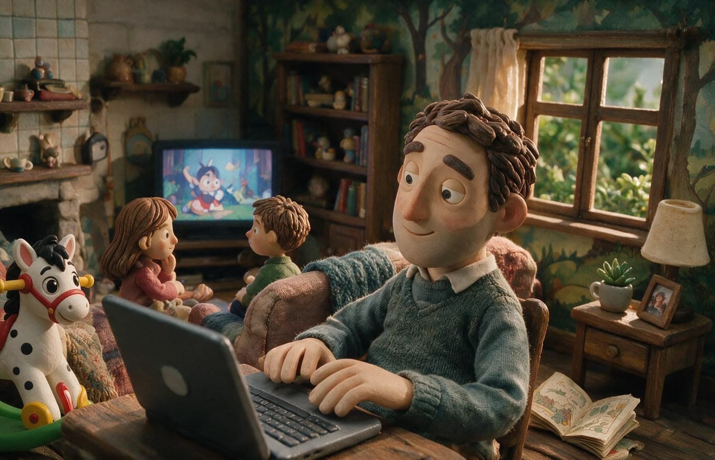 A cozy family living room: a parent nearby on a laptop while two children watch a calm cartoon, with the Looly rocking horse in the foreground.